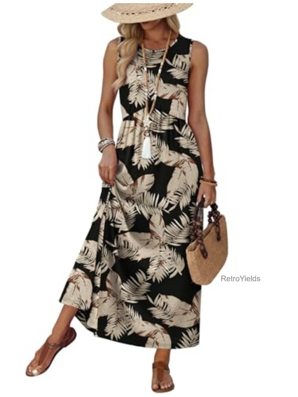 Womens Babydoll Maxi Dress Sleeveless Empire Waist Sundress with Pockets